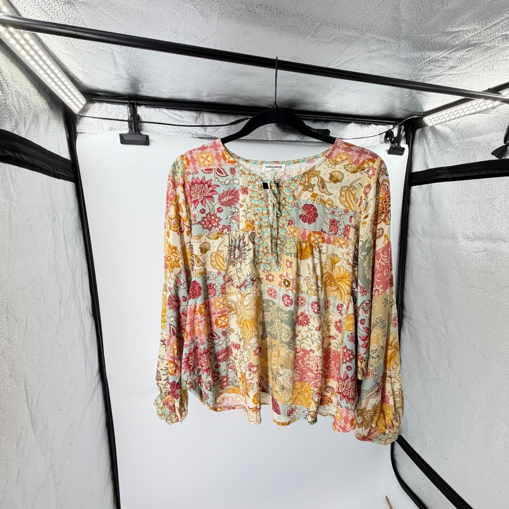 Mittoshop Patchwork Floral Boho Blouse M/L Pink Yellow Balloon Sleeve Tie Neck